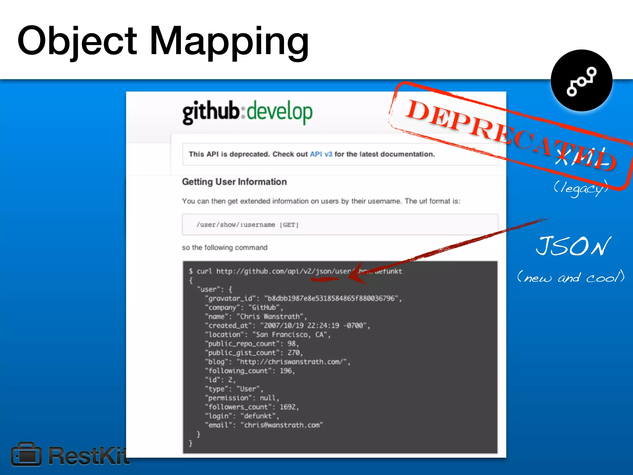 Object Mapping
                 Dep
                       rec
                          ate
                           XMLd
                              (legacy)



                             JSON
                         (new and cool)
 