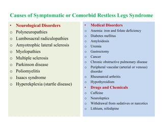 Causes of Symptomatic or Comorbid Restless Legs Syndrome
• Neurological Disorders
o Polyneuropathies
o Lumbosacral radiculopathies
o Amyotrophic lateral sclerosis
o Myelopathies
o Multiple sclerosis
o Parkinson disease
o Poliomyelitis
o Isaacs syndrome
o Hyperekplexia (startle disease)
• Medical Disorders
o Anemia: iron and folate deficiency
o Diabetes mellitus
o Amyloidosis
o Uremia
o Gastrectomy
o Cancer
o Chronic obstructive pulmonary disease
o Peripheral vascular (arterial or venous)
disorder
o Rheumatoid arthritis
o Hypothyroidism
• Drugs and Chemicals
o Caffeine
o Neuroleptics
o Withdrawal from sedatives or narcotics
o Lithium, nifedipine
 