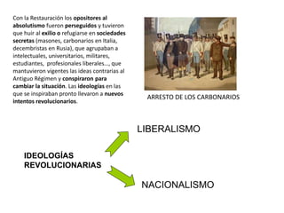 IDEOLOGÍAS
REVOLUCIONARIAS
LIBERALISMO
NACIONALISMO
Con la Restauración los opositores al
absolutismo fueron perseguidos y...