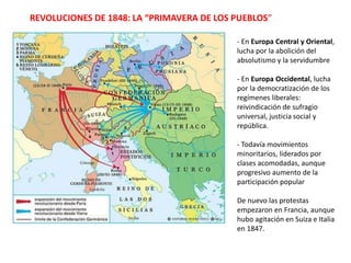 REVOLUCIONES DE 1848: LA “PRIMAVERA DE LOS PUEBLOS”
- En Europa Central y Oriental,
lucha por la abolición del
absolutismo...