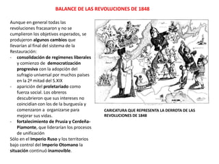 BALANCE DE LAS REVOLUCIONES DE 1848
Aunque en general todas las
revoluciones fracasaron y no se
cumplieron los objetivos e...