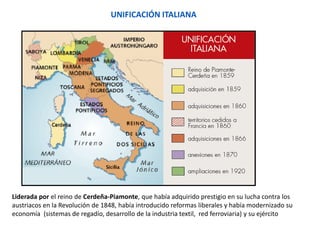 UNIFICACIÓN ITALIANA
Liderada por el reino de Cerdeña-Piamonte, que había adquirido prestigio en su lucha contra los
austr...