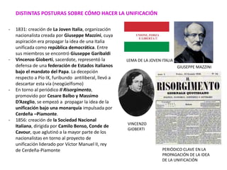 DISTINTAS POSTURAS SOBRE CÓMO HACER LA UNIFICACIÓN
- 1831: creación de La Joven Italia, organización
nacionalista creada p...