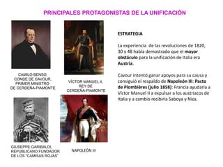 VÍCTOR MANUEL II,
REY DE
CERDEÑA-PIAMONTE
CAMILO BENSO,
CONDE DE CAVOUR,
PRIMER MINISTRO
DE CERDEÑA-PIAMONTE
GIUSEPPE GARI...