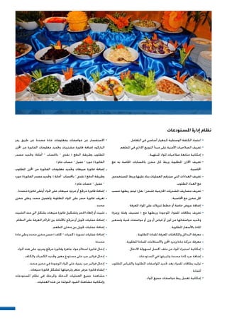 ‫ﺍﳌﺴﺘﻮﺩﻋﺎﺕ‬ ‫ﺇﺩﺍﺭﺓ‬ ‫ﻧﻈﺎﻡ‬
. ‫ﺍﻟﺘﻌﺎﻣﻞ‬ ‫ﻓﻲ‬ ‫ﺃﺳﺎﺳﻲ‬ ‫ﻛﻤﻌﻴﺎﺭ‬ ‫ﺍﻟﻮﺳﻄﻴﺔ‬ ‫ﺍﻟﻜﻠﻔﺔ‬ ‫ﺍﻋﺘﻤﺎﺩ‬
.‫ﺍﳌﻄﻌﻢ‬ ‫ﻓﻲ‬ ‫ﺍﻻﺩﺍﺭﻱ‬ ‫ﺍﻟﺘﻮﺯﻳﻊ‬ ‫ﻣﺒﺪﺃ‬ ‫ﻋﻠﻰ‬ ‫ﺍﻷﻣﻨﻴﺔ‬ ‫ﺍﻟﺼﻼﺣﻴﺎﺕ‬ ‫ﺗﻌﺮﻳﻒ‬
. ‫ﺍﳌﻨﺘﻬﻴﺔ‬ ‫ﺍﳌﻮﺍﺩ‬ ‫ﺻﻼﺣﻴﺎﺕ‬ ‫ﻣﺘﺎﺑﻌﺔ‬ ‫ﺇﻣﻜﺎﻧﻴﺔ‬
‫ﻣﻊ‬ ‫ﺑﻪ‬ ‫ﺍﳋﺎﺻﺔ‬ ‫ﺑﺎﳊﺴﺎﺑﺎﺕ‬ ‫ﻣﺨﺰﻥ‬ ‫ﻛﻞ‬ ‫ﻭﺭﺑﻂ‬ ‫ﺍﳌﻄﻠﻮﺑﺔ‬ ‫ﺍﺯﻥ‬‫ﺍ‬ ‫ﺗﻌﺮﻳﻒ‬
.‫ﺍﶈﺎﺳﺒﺔ‬
‫ﺍﳌﺴﺘﺨﺪﻣﲔ‬ ‫ﻭﺭﺑﻂ‬ ‫ﻋﻠﻴﻬﺎ‬ ‫ﺑﻨﺎﺀ‬ ‫ﺍﻟﻌﻤﻠﻴﺎﺕ‬ ‫ﺳﺘﺮﻗﻢ‬ ‫ﺍﻟﺘﻲ‬ ‫ﺍﻟﻌﺪﺍﺩﺍﺕ‬ ‫ﺗﻌﺮﻳﻒ‬
.‫ﺍﳌﻄﻠﻮﺏ‬ ‫ﺍﻟﻌﺪﺍﺩ‬ ‫ﻣﻊ‬
‫ﺣﺴﺐ‬ ‫ﺭﺑﻄﻬﺎ‬ ‫ﻟﻴﺘﻢ‬ (‫ﻧﻘﻞ‬ -‫)ﺷﺤﻦ‬ ‫ﺍﳋﺎﺭﺟﻴﺔ‬ ‫ﺍﳌﺸﺘﺮﻳﺎﺕ‬ ‫ﻣﺼﺎﺭﻳﻒ‬ ‫ﺗﻌﺮﻳﻒ‬
. ‫ﺍﶈﺎﺳﺒﺔ‬ ‫ﻣﻊ‬ ‫ﻣﺨﺰﻥ‬ ‫ﻛﻞ‬
. ‫ﺍﳌﻌﺮﻓﺔ‬ ‫ﺍﳌﻮﺍﺩ‬ ‫ﻋﻠﻰ‬ ‫ﺗﻨﺰﻳﻼﺕ‬ ‫ﺧﻄﻂ‬ ‫ﺃﻭ‬ ‫ﺧﺎﺻﺔ‬ ‫ﻋﺮﻭﺽ‬ ‫ﺇﺿﺎﻓﺔ‬
(‫ﻭﺯﻣﺮﺓ‬ ‫ﻭﻓﺌﺔ‬ ‫ﺗﺼﻨﻴﻒ‬ ) ‫ﻣﻊ‬ ‫ﻭﺭﺑﻄﻬﺎ‬ ‫ﺍﳌﻮﺟﻮﺩﺓ‬ ‫ﻟﻠﻤﻮﺍﺩ‬ ‫ﺑﻄﺎﻗﺎﺕ‬ ‫ﺗﻌﺮﻳﻒ‬
‫ﻭﺗﺴﻌﻴﺮ‬ ‫ﻓﻨﻴﺔ‬ ‫ﻣﻮﺍﺻﻔﺎﺕ‬ ‫ﺃﻭ‬ ‫ﻭﺯﻥ‬ ‫ﺃﻭ‬ ‫ﻗﻴﺎﺱ‬ ‫ﺃﻭ‬ ‫ﻟﻮﻥ‬ ‫ﻣﻦ‬ ‫ﻣﻮﺍﺻﻔﺎﺗﻬﺎ‬ ‫ﻭﲢﺪﻳﺪ‬
. ‫ﺍﳌﻄﻠﻮﺑﺔ‬ ‫ﺑﺎﻷﺳﻌﺎﺭ‬ ‫ﺍﳌﺎﺩﺓ‬
. ‫ﺍﳌﻄﻠﻮﺑﺔ‬ ‫ﻟﻠﻤﺎﺩﺓ‬ ‫ﺍﳌﻌﺮﻓﺔ‬ ‫ﻭﺍﳌﻜﺎﻓﺌﺎﺕ‬ ‫ﺍﻟﺒﺪﺍﺋﻞ‬ ‫ﻣﻌﺮﻓﺔ‬
. ‫ﺍﳌﻄﻠﻮﺑﺔ‬ ‫ﻟﻠﻤﺎﺩﺓ‬ ‫ﻭﺍﻻﺳﺘﻼﻣﺎﺕ‬ ‫ﺯﻥ‬‫ﺍ‬ ‫ﻭﺟﺮﺩ‬ ‫ﻣﺎﺩﺓ‬ ‫ﺣﺮﻛﺔ‬ ‫ﻣﻌﺮﻓﺔ‬
. ‫ﺍﻻﺩﺧﺎﻝ‬ ‫ﻟﺴﻬﻮﻟﺔ‬ ‫ﺍﻛﺴﻞ‬ ‫ﻣﻠﻒ‬ ‫ﻣﻦ‬ ‫ﺍﳌﻮﺍﺩ‬ ‫ﺍﺳﺘﻴﺮﺍﺩ‬ ‫ﺇﻣﻜﺎﻧﻴﺔ‬
. ‫ﺍﳌﺴﺘﻮﺩﻋﺎﺕ‬ ‫ﻓﻲ‬ ‫ﻭﺗﺜﺒﻴﺘﻬﺎ‬ ‫ﻣﺤﺪﺩﺓ‬ ‫ﳌﺎﺩﺓ‬ ‫ﺟﺮﺩ‬ ‫ﺇﺿﺎﻓﺔ‬
‫ﺍﳌﻄﻠﻮﺏ‬ ‫ﻭﺍﻟﻘﻴﺎﺱ‬ ‫ﺍﳌﻄﻠﻮﺑﺔ‬ ‫ﺍﳌﻮﺍﺻﻔﺎﺕ‬ ‫ﲢﺪﻳﺪ‬ ‫ﺑﻌﺪ‬ ‫ﻟﻠﻤﻮﺍﺩ‬ ‫ﺑﻄﺎﻗﺎﺕ‬ ‫ﺗﻮﻟﻴﺪ‬
. ‫ﻟﻠﻤﺎﺩﺓ‬
. ‫ﺍﳌﻮﺍﺩ‬ ‫ﺟﻤﻴﻊ‬ ‫ﻣﻮﺍﺻﻔﺎﺕ‬ ‫ﺭﺑﻂ‬ ‫ﺗﻌﺪﻳﻞ‬ ‫ﺇﻣﻜﺎﻧﻴﺔ‬
‫ﺭﻣﺰ‬ ‫ﻃﺮﻳﻖ‬ ‫ﻋﻦ‬ ‫ﻣﺤﺪﺩﺓ‬ ‫ﻣﺎﺩﺓ‬ ‫ﻭﻣﻌﻠﻮﻣﺎﺕ‬ ‫ﻣﻮﺍﺻﻔﺎﺕ‬ ‫ﻋﻦ‬ ‫ﺍﻻﺳﺘﻔﺴﺎﺭ‬
‫ﺯﻥ‬‫ﺍ‬ ‫ﻣﻦ‬ ‫ﺍﻟﻔﺎﺗﻮﺭﺓ‬ ‫ﻣﻌﻠﻮﻣﺎﺕ‬ ‫ﻭﲢﺪﻳﺪ‬ ‫ﻣﺸﺘﺮﻳﺎﺕ‬ ‫ﻓﺎﺗﻮﺭﺓ‬ ‫ﺇﺿﺎﻓﺔ‬ ‫ﺍﻟﺒﺎﺭﻛﻮﺩ‬
‫ﻣﺼﺪﺭ‬ ‫ﻭﲢﺪﻳﺪ‬ (‫ﺃﻣﺎﻧﺔ‬ – ‫ﺑﺎﳊﺴﺎﺏ‬ – ‫ﻧﻘﺪﻱ‬ ) ‫ﺍﻟﺪﻓﻊ‬ ‫ﻭﻃﺮﻳﻘﺔ‬ ‫ﺍﳌﻄﻠﻮﺏ‬
. ( ‫ﻋﺎﻡ‬ ‫ﺣﺴﺎﺏ‬ – ‫ﻋﻤﻴﻞ‬ – ‫ﻣﻮﺭﺩ‬ ) ‫ﺍﻟﻔﺎﺗﻮﺭﺓ‬
‫ﺍﳌﻄﻠﻮﺏ‬ ‫ﺯﻥ‬‫ﺍ‬ ‫ﻣﻦ‬ ‫ﺍﻟﻔﺎﺗﻮﺭﺓ‬ ‫ﻣﻌﻠﻮﻣﺎﺕ‬ ‫ﻭﲢﺪﻳﺪ‬ ‫ﻣﺒﻴﻌﺎﺕ‬ ‫ﻓﺎﺗﻮﺭﺓ‬ ‫ﺇﺿﺎﻓﺔ‬
‫ﻣﻮﺭﺩ‬ ) ‫ﺍﻟﻔﺎﺗﻮﺭﺓ‬ ‫ﻣﺼﺪﺭ‬ ‫ﻭﲢﺪﻳﺪ‬ ( ‫–ﺃﻣﺎﻧﺔ‬ ‫ﺑﺎﳊﺴﺎﺏ‬ – ‫ﻧﻘﺪﻱ‬ ) ‫ﺍﻟﺪﻓﻊ‬ ‫ﻭﻃﺮﻳﻘﺔ‬
. ( ‫ﻋﺎﻡ‬ ‫ﺣﺴﺎﺏ‬ – ‫ﻋﻤﻴﻞ‬ –
. ‫ﻣﺤﺪﺩﺓ‬ ‫ﻓﺎﺗﻮﺭﺓ‬ ‫ﺃﻭﻋﻠﻰ‬ ‫ﺍﳌﻮﺍﺩ‬ ‫ﻋﻠﻰ‬ ‫ﻣﺒﻴﻌﺎﺕ‬ ‫ﻣﺮﺩﻭﺩ‬ ‫ﺃﻭ‬ ‫ﻣﺮﲡﻊ‬ ‫ﻓﺎﺗﻮﺭﺓ‬ ‫ﺇﺿﺎﻓﺔ‬
‫ﻣﺨﺰﻥ‬ ‫ﻭﻋﻠﻰ‬ ‫ﻣﺤﺪﺩ‬ ‫ﻭﻟﻌﻤﻴﻞ‬ ‫ﺍﳌﻄﻠﻮﺑﺔ‬ ‫ﺍﳌﻮﺍﺩ‬ ‫ﻋﻠﻰ‬ ‫ﺣﺠﺰ‬ ‫ﻓﺎﺗﻮﺭﺓ‬ ‫ﺗﻌﺮﻳﻒ‬
. ‫ﻣﺤﺪﺩ‬
‫ﺍﻟﺘﺜﺒﻴﺖ‬ ‫ﻋﻨﺪ‬ ‫ﺍﻟﻲ‬ ‫ﺑﺸﻜﻞ‬ ‫ﻣﺒﻴﻌﺎﺕ‬ ‫ﻓﺎﺗﻮﺭﺓ‬ ‫ﻭﺗﺸﻜﻴﻞ‬ ‫ﺍﳊﺠﺰ‬ ‫ﺇﻟﻐﺎﺀ‬ ‫ﺃﻭ‬ ‫ﺗﺜﺒﻴﺖ‬
.‫ﺍﻟﻨﻈﺎﻡ‬ ‫ﻋﻠﻰ‬ ‫ﺍﳌﻌﺮﻓﺔ‬ ‫ﺍﳌﺮﺍﻛﺰ‬ ‫ﺑﲔ‬ ‫ﺑﺎﻷﻣﺎﻧﺔ‬ ‫ﻣﺮﲡﻊ‬ ‫ﺃﻭ‬ ‫ﲢﻮﻳﻞ‬ ‫ﻋﻤﻠﻴﺎﺕ‬ ‫ﺇﺿﺎﻓﺔ‬
.‫ﺍﳌﻄﻌﻢ‬ ‫ﻣﺨﺎﺯﻥ‬ ‫ﺑﲔ‬ ‫ﲢﻮﻳﻞ‬ ‫ﻋﻤﻠﻴﺎﺕ‬ ‫ﺇﺿﺎﻓﺔ‬
‫ﻣﺎﺩﺓ‬ ‫ﻭﻋﻠﻰ‬ ‫ﻣﺤﺪﺩ‬ ‫ﻣﺨﺰﻥ‬ ‫ﺿﻤﻦ‬ ( ‫ﻛﻠﻒ‬ – ‫ﻛﻤﻴﺎﺕ‬ ) ‫ﺗﺴﻮﻳﺔ‬ ‫ﻋﻤﻠﻴﺎﺕ‬ ‫ﺇﺿﺎﻓﺔ‬
. ‫ﻣﺤﺪﺩﺓ‬
.‫ﺍﳌﻮﺍﺩ‬ ‫ﻫﺬﻩ‬ ‫ﻋﻠﻰ‬ ‫ﻭﻣﺮﺩﻭﺩ‬ ‫ﻣﺮﲡﻊ‬ ‫ﻭﻓﺎﺗﻮﺭﺓ‬ ‫ﺟﺎﻫﺰﺓ‬ ‫ﻣﻮﺍﺩ‬ ‫ﺍﺳﺘﻼﻡ‬ ‫ﻓﺎﺗﻮﺭﺓ‬ ‫ﺇﺩﺧﺎﻝ‬
. ‫ﻭﺍﻟﻜﻠﻒ‬ ‫ﺍﻟﻜﻤﻴﺎﺕ‬ ‫ﻭﲢﺪﻳﺪ‬ ‫ﻣﻌﲔ‬ ‫ﻣﺴﺘﻮﺩﻉ‬ ‫ﻋﻠﻰ‬ ‫ﺟﺮﺩ‬ ‫ﻓﻮﺍﺗﻴﺮ‬ ‫ﺇﺩﺧﺎﻝ‬
. ‫ﻣﺤﺪﺩ‬ ‫ﻣﺨﺰﻥ‬ ‫ﻓﻲ‬ ‫ﺍﳌﻮﺟﻮﺩﺓ‬ ‫ﺍﳌﻮﺍﺩ‬ ‫ﻋﻠﻰ‬ ‫ﻳﺪﻭﻳﺔ‬ ‫ﺟﺮﺩ‬ ‫ﻓﻮﺍﺗﻴﺮ‬ ‫ﺇﺩﺧﺎﻝ‬
. ‫ﻣﺒﻴﻌﺎﺕ‬ ‫ﻓﺎﺗﻮﺭﺓ‬ ‫ﻟﺘﺸﻜﻞ‬ ‫ﻭﺗﺮﺣﻴﻠﻬﺎ‬ ‫ﺳﻌﺮ‬ ‫ﻋﺮﺽ‬ ‫ﻓﺎﺗﻮﺭﺓ‬ ‫ﺇﻧﺸﺎﺀ‬
‫ﺍﳌﺴﺘﻮﺩﻋﺎﺕ‬ ‫ﻧﻈﺎﻡ‬ ‫ﻓﻲ‬ ‫ﻭﺍﳌﺮﺣﻠﺔ‬ ‫ﺍﳌﺪﺧﻠﺔ‬ ‫ﺍﻟﻌﻤﻠﻴﺎﺕ‬ ‫ﺟﻤﻴﻊ‬ ‫ﻣﺸﺎﻫﺪﺓ‬
. ‫ﺍﻟﻌﻤﻠﻴﺎﺕ‬ ‫ﻫﺬﻩ‬ ‫ﻋﻦ‬ ‫ﺍﳌﺘﻮﻟﺪﺓ‬ ‫ﺍﻟﻘﻴﻮﺩ‬ ‫ﻣﺸﺎﻫﺪﺓ‬ ‫ﻭﺇﻣﻜﺎﻧﻴﺔ‬
 