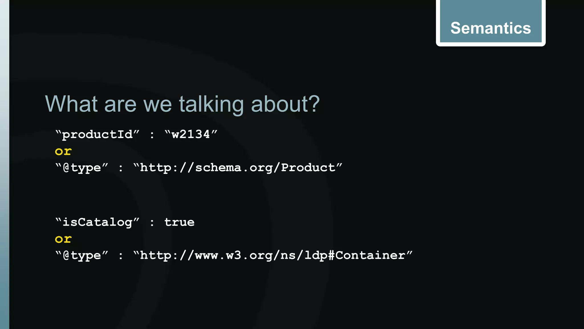 Semantics 
What are we talking about? 
“productId” : “w2134” 
or 
“@type” : “http://schema.org/Product” 
“isCatalog” : true 
or 
“@type” : “http://www.w3.org/ns/ldp#Container” 
 