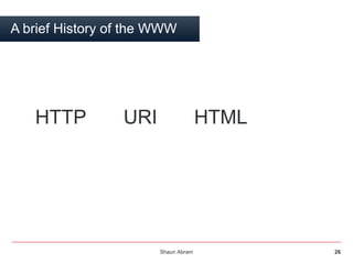Shaun Abram 26
A brief History of the WWW
HTTP URI HTML
 