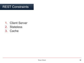 Shaun Abram 32
REST Constraints
1. Client Server
2. Stateless
3. Cache
 