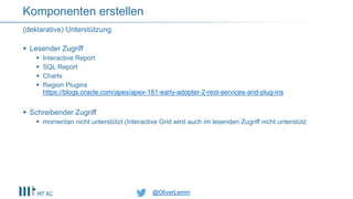 @OliverLemm@OliverLemm
 Lesender Zugriff
 Interactive Report
 SQL Report
 Charts
 Region Plugins
https://blogs.oracle.com/apex/apex-181-early-adopter-2-rest-services-and-plug-ins
 Schreibender Zugriff
 momentan nicht unterstützt (Interactive Grid wird auch im lesenden Zugriff nicht unterstütz
(deklarative) Unterstützung
Komponenten erstellen
 