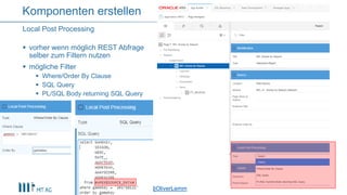 @OliverLemm@OliverLemm
 vorher wenn möglich REST Abfrage
selber zum Filtern nutzen
 mögliche Filter
 Where/Order By Clause
 SQL Query
 PL/SQL Body returning SQL Query
Local Post Processing
Komponenten erstellen
 