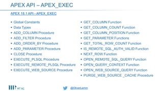 @OliverLemm@OliverLemm
 Global Constants
 Data Types
 ADD_COLUMN Procedure
 ADD_FILTER Procedure
 ADD_ORDER_BY Procedure
 ADD_PARAMETER Procedure
 CLOSE Procedure
 EXECUTE_PLSQL Procedure
 EXECUTE_REMOTE_PLSQL Procedure
 EXECUTE_WEB_SOURCE Procedure
APEX 18.1 API - APEX_EXEC
APEX API – APEX_EXEC
 GET_COLUMN Function
 GET_COLUMN_COUNT Function
 GET_COLUMN_POSITION Function
 GET_PARAMETER Functions
 GET_TOTAL_ROW_COUNT Function
 IS_REMOTE_SQL_AUTH_VALID Function
 NEXT_ROW Function
 OPEN_REMOTE_SQL_QUERY Function
 OPEN_QUERY_CONTEXT Function
 OPEN_WEB_SOURCE_QUERY Function
 PURGE_WEB_SOURCE _CACHE Procedure
 
