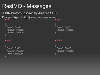 RestMQ - Messages
JSON Protocol inspired by Amazon SQS
First prototype at http://jsonqueue.appspot.com
      add                                         get

  {                                          {
      "cmd" : "add",                              "cmd" : "get",
      "queue" : "testq",                          "queue" : "testq",
      "value" : "abacab"                     }
  }

      del                                         take

  {                                          {
      "cmd" : "del",                              "cmd" : "take",
      "queue" : "testq",                          "queue" : "testq",
      "key" : "testq:31"                     }
  }
 