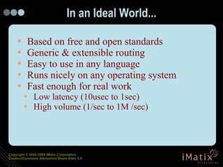 In an Ideal World... Based on free and open standards Generic & extensible routing Easy to use in any language Runs nicely on any operating system Fast enough for real work Low latency (10usec to 1sec) High volume (1/sec to 1M /sec) 
