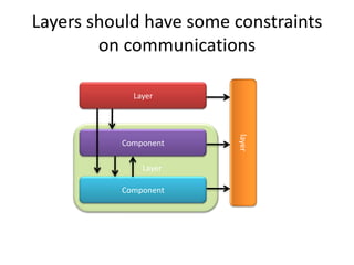 Layers should have some constraints
        on communications

            Layer




                        layer
          Component

              Layer

          Component
 