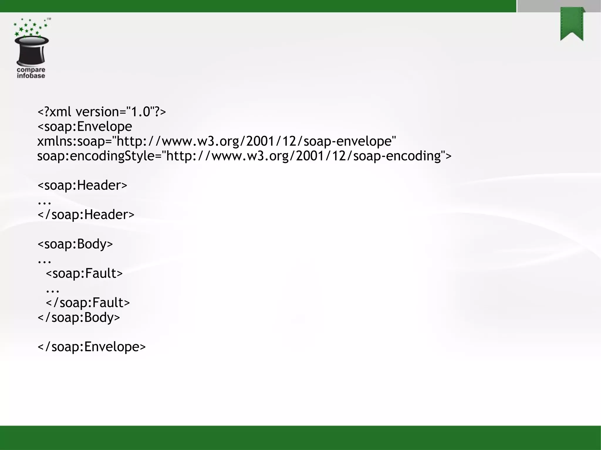 <?xml version=&quot;1.0&quot;?> <soap:Envelope xmlns:soap=&quot;http://www.w3.org/2001/12/soap-envelope&quot; soap:encodingStyle=&quot;http://www.w3.org/2001/12/soap-encoding&quot;> <soap:Header> ... </soap:Header> <soap:Body> ... <soap:Fault> ... </soap:Fault> </soap:Body> </soap:Envelope> 