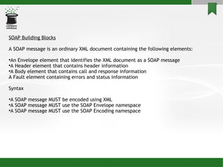 SOAP Building Blocks A SOAP message is an ordinary XML document containing the following elements: An Envelope element that identifies the XML document as a SOAP message A Header element that contains header information A Body element that contains call and response information A Fault element containing errors and status information Syntax A SOAP message MUST be encoded using XML A SOAP message MUST use the SOAP Envelope namespace A SOAP message MUST use the SOAP Encoding namespace 