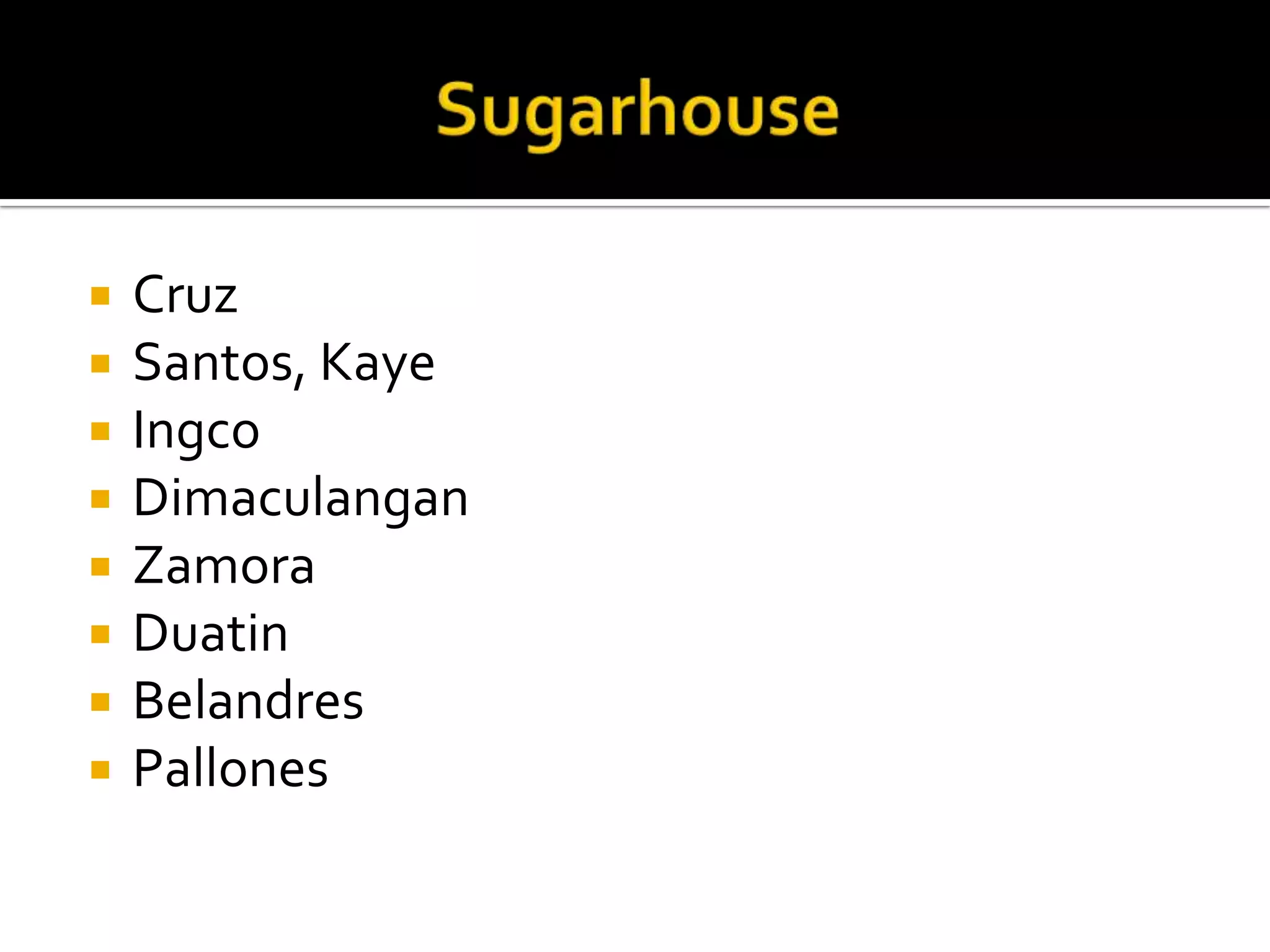 SugarhouseCruzSantos, KayeIngcoDimaculanganZamoraDuatinBelandresPallones