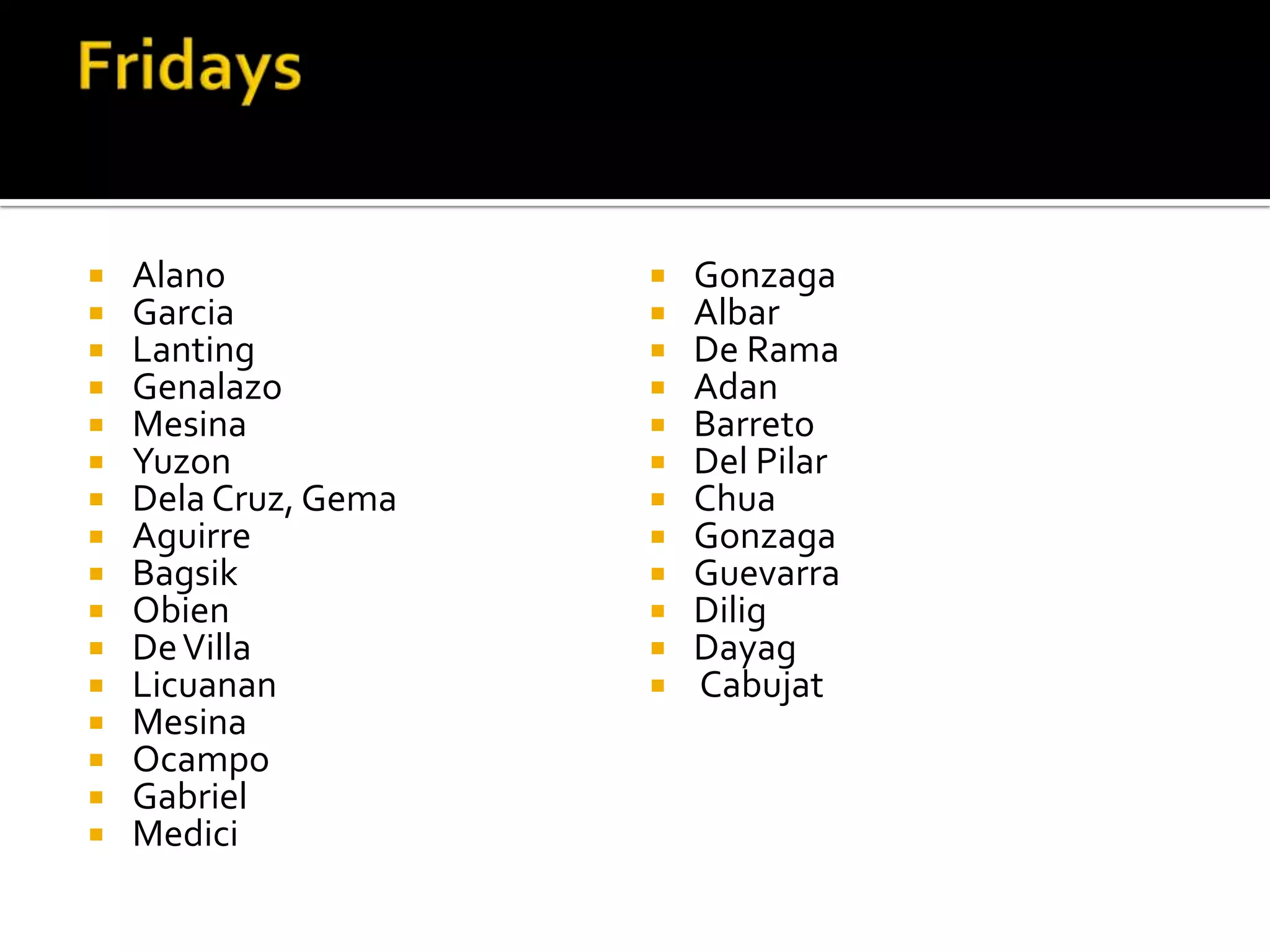 FridaysAlanoGarciaLantingGenalazoMesinaYuzonDela Cruz, GemaAguirreBagsikObienDe VillaLicuananMesinaOcampoGabrielMediciGonzagaAlbarDe RamaAdanBarretoDel PilarChuaGonzagaGuevarraDiligDayag Cabujat