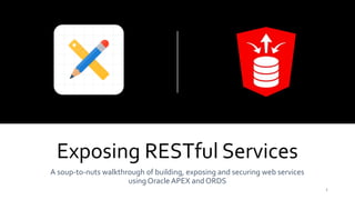 Copyright © 2019, Oracle and/or its affiliates. All rights reserved.
Exposing RESTful Services
A soup-to-nuts walkthrough of building, exposing and securing web services
using Oracle APEX and ORDS
 