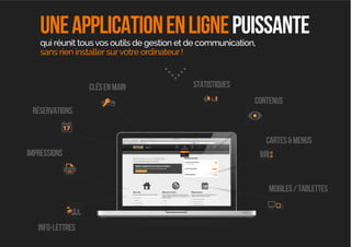 clésenmain statistiques
contenus
réservations
impressions
info-lettres
cartes&menus
mobiles/tablettes
uneapplicationenlignepuissantequi réunit tousvos outils de gestion et de communication,
sans rien installersurvotre ordinateur !
 