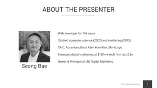 ABOUT THE PRESENTER
LNI Digital Marketing 2
Seong Bae
Web developer for 15+ years
Studied computer science (2002) and marketing (2012)
SAIC, Accenture, Booz Allen Hamilton, MarkLogic
Managed digital marketing at $150m+ tech firm last 2.5y
Owner & Principal at LNI Digital Marketing
 