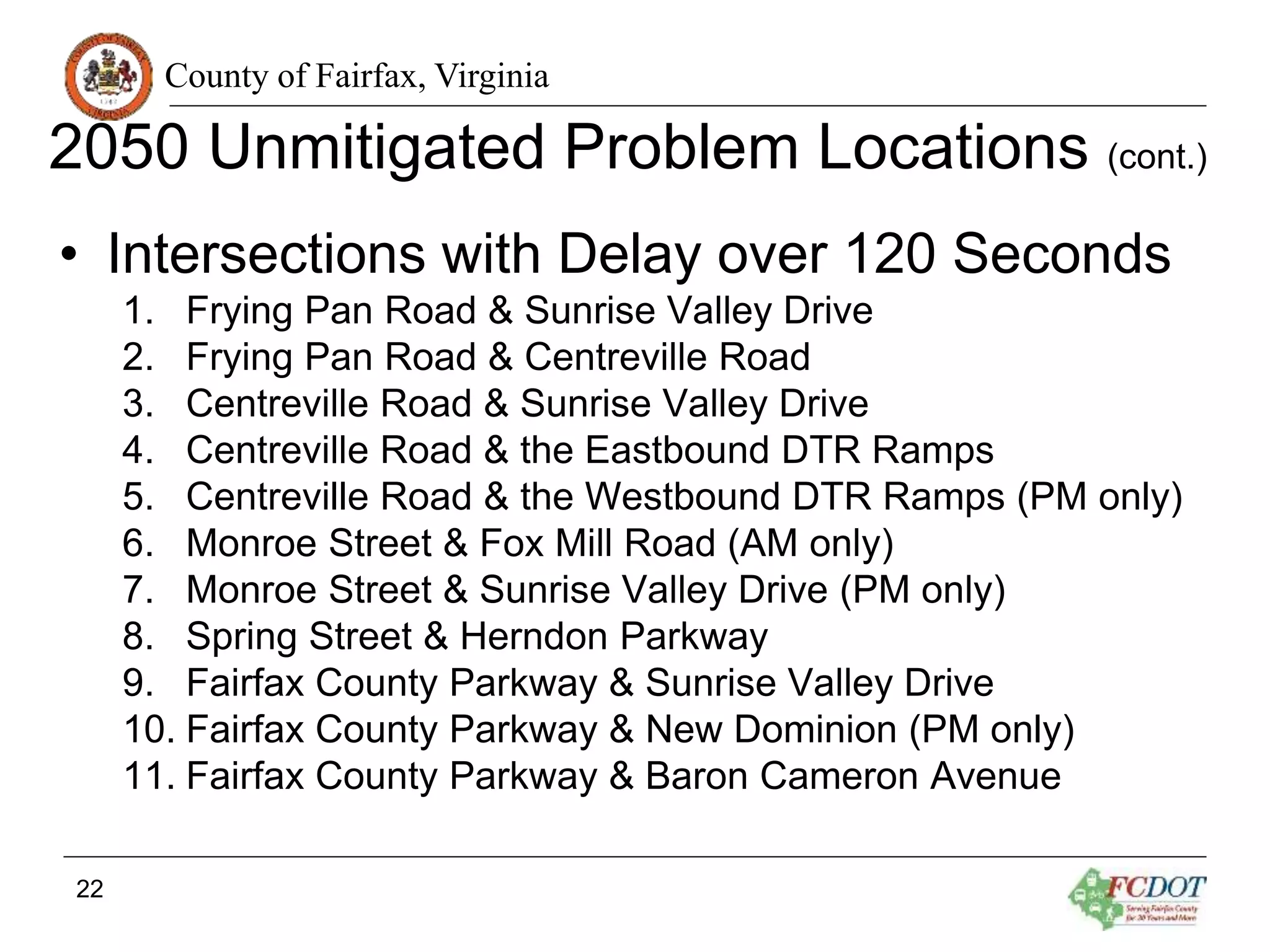 County of Fairfax, Virginia
2050 Unmitigated Problem Locations (cont.)
22
• Intersections with Delay over 120 Seconds
1. Frying Pan Road & Sunrise Valley Drive
2. Frying Pan Road & Centreville Road
3. Centreville Road & Sunrise Valley Drive
4. Centreville Road & the Eastbound DTR Ramps
5. Centreville Road & the Westbound DTR Ramps (PM only)
6. Monroe Street & Fox Mill Road (AM only)
7. Monroe Street & Sunrise Valley Drive (PM only)
8. Spring Street & Herndon Parkway
9. Fairfax County Parkway & Sunrise Valley Drive
10. Fairfax County Parkway & New Dominion (PM only)
11. Fairfax County Parkway & Baron Cameron Avenue
 