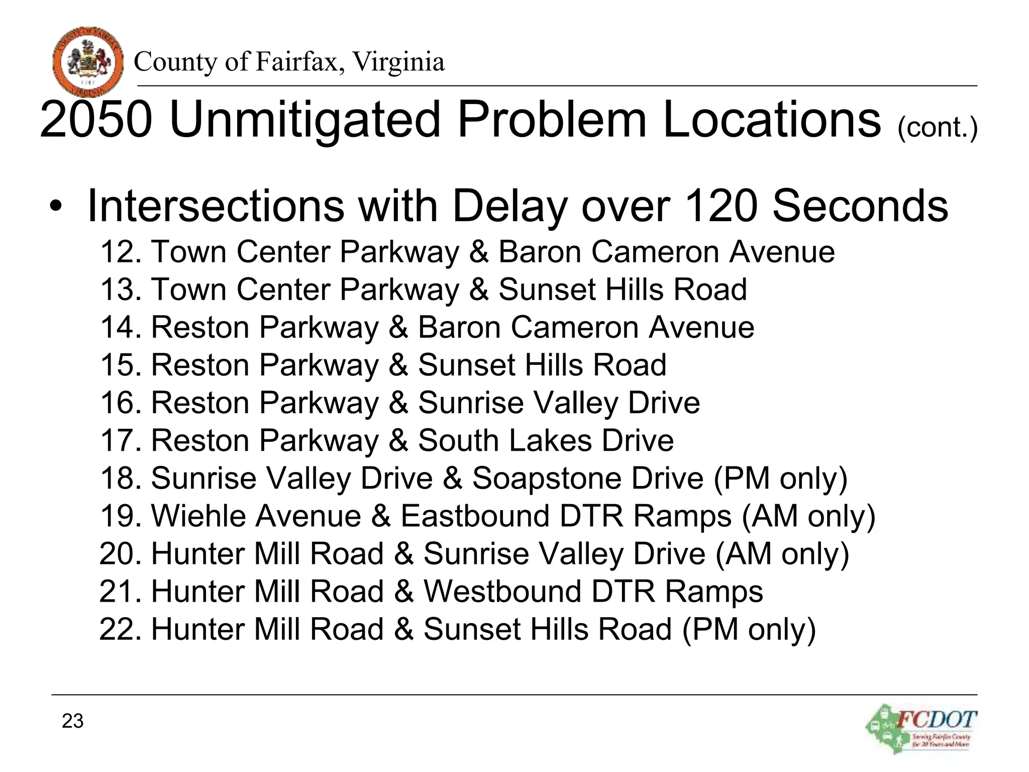 County of Fairfax, Virginia
2050 Unmitigated Problem Locations (cont.)
23
• Intersections with Delay over 120 Seconds
12. Town Center Parkway & Baron Cameron Avenue
13. Town Center Parkway & Sunset Hills Road
14. Reston Parkway & Baron Cameron Avenue
15. Reston Parkway & Sunset Hills Road
16. Reston Parkway & Sunrise Valley Drive
17. Reston Parkway & South Lakes Drive
18. Sunrise Valley Drive & Soapstone Drive (PM only)
19. Wiehle Avenue & Eastbound DTR Ramps (AM only)
20. Hunter Mill Road & Sunrise Valley Drive (AM only)
21. Hunter Mill Road & Westbound DTR Ramps
22. Hunter Mill Road & Sunset Hills Road (PM only)
 