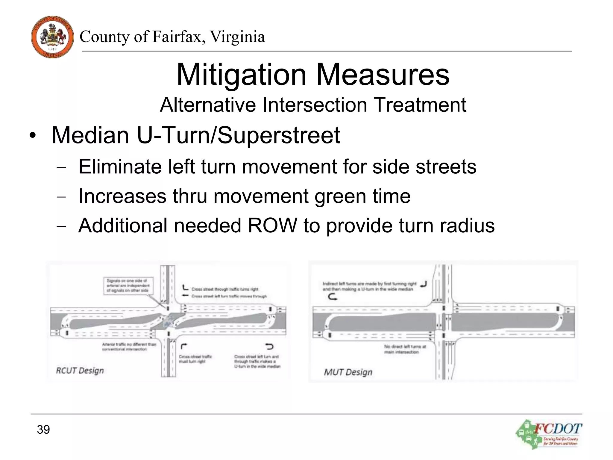 County of Fairfax, Virginia
Mitigation Measures
Alternative Intersection Treatment
• Median U-Turn/Superstreet
– Eliminate left turn movement for side streets
– Increases thru movement green time
– Additional needed ROW to provide turn radius
39
 