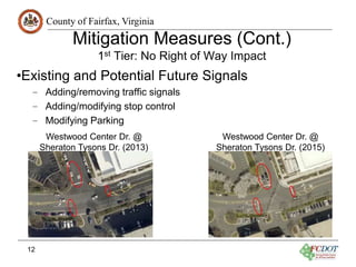 County of Fairfax, Virginia
Mitigation Measures (Cont.)
1st Tier: No Right of Way Impact
12
•Existing and Potential Future Signals
– Adding/removing traffic signals
– Adding/modifying stop control
– Modifying Parking
Westwood Center Dr. @
Sheraton Tysons Dr. (2015)
Westwood Center Dr. @
Sheraton Tysons Dr. (2013)
 