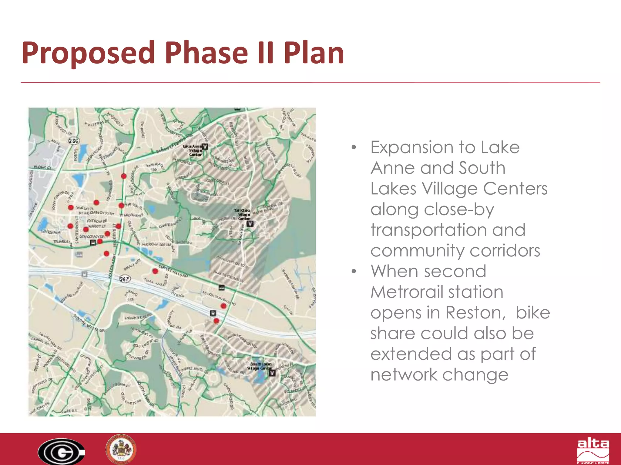 Proposed Phase II Plan 
• Expansion to Lake 
Anne and South 
Lakes Village Centers 
along close-by 
transportation and 
community corridors 
• When second 
Metrorail station 
opens in Reston, bike 
share could also be 
extended as part of 
network change 
 