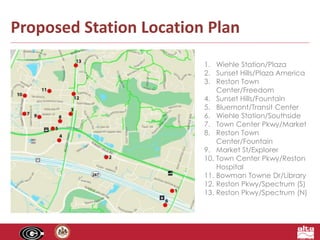 Proposed Station Location Plan 
1. Wiehle Station/Plaza 
2. Sunset Hills/Plaza America 
3. Reston Town 
Center/Freedom 
4. Sunset Hills/Fountain 
5. Bluemont/Transit Center 
6. Wiehle Station/Southside 
7. Town Center Pkwy/Market 
8. Reston Town 
Center/Fountain 
9. Market St/Explorer 
10. Town Center Pkwy/Reston 
Hospital 
11. Bowman Towne Dr/Library 
12. Reston Pkwy/Spectrum (S) 
13. Reston Pkwy/Spectrum (N) 
 