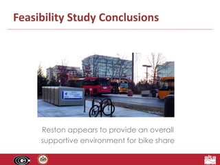 Feasibility Study Conclusions 
Reston appears to provide an overall 
supportive environment for bike share 
 