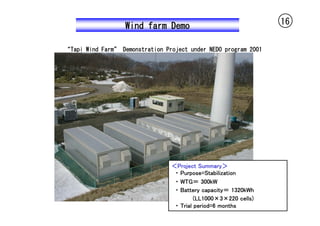 Wind farm Demo                                16

“Tapi Wind Farm” Demonstration Project under NEDO program 2001




                                 ＜Project Summary＞
                                  ・ Purpose=Stabilization
                                  ・ WTG＝ 300kW
                                  ・ Battery capacity＝ 1320kWh
                                          (LL1000×3×220 cells)
                                  ・ Trial period=6 months
 