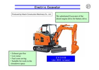 Electric Excavator                                            27

  Produced by Hitachi Construction Machinery Co., Ltd.
                                                         We substituted Excavator of the
                                                         diesel engine drive for battery drive.




・Exhaust gas-free
・Low noise
・Fuel costs saving                                      ＺＸ３５Ｂ
・Suitable for work in the                           （Jun.2010 release）
 closedown space
 
