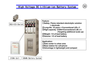 High Voltage DC Lithium-ion Battery System                                  30




                                    Feature:
                                    ①Safety: Flame retardant electrolytic solution
BCU＋CC＋Switch
                                             + electrode
                                    ②Long-life: 10 years = Conventional LiB x 3
                                    ③High-capacity: 210Ah=Conventional LiB x 4
                                                      (Targeting additional scale up)
                                    ④Weight: 1/3 of lead battery
                                    ⑤Volume: 1/3 of lead battery

                                    Application:
                                    ①Data center in urban area
                                    ②Base station for cell-phone
                                    ※Advantage in lightweight and compact




210Ah Cell   40kWh Battery System
 
