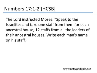 Numbers 17:1-2 [HCSB]
The Lord instructed Moses: “Speak to the
Israelites and take one staff from them for each
ancestral house, 12 staffs from all the leaders of
their ancestral houses. Write each man's name
on his staff.
www.networkbible.org
 