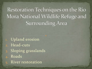 1. Upland erosion
2. Head-cuts
3. Sloping grasslands
4. Roads
5. River restoration
 