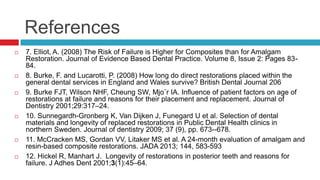 References












7. Elliot, A. (2008) The Risk of Failure is Higher for Composites than for
Amalgam Restoration. Journal of Evidence Based Dental Practice. Volume
8, Issue 2: Pages 83-84.
8. Burke, F. and Lucarotti, P. (2008) How long do direct restorations placed
within the general dental services in England and Wales survive? British Dental
Journal 206
9. Burke FJT, Wilson NHF, Cheung SW, Mjo¨r IA. Inﬂuence of patient factors
on age of restorations at failure and reasons for their placement and
replacement. Journal of Dentistry 2001;29:317–24.
10. Sunnegardh-Gronberg K, Van Dijken J, Funegard U et al. Selection of
dental materials and longevity of replaced restorations in Public Dental Health
clinics in northern Sweden. Journal of dentistry 2009; 37 (9), pp. 673--678.
11. McCracken MS, Gordan VV, Litaker MS et al. A 24-month evaluation of
amalgam and resin-based composite restorations. JADA 2013; 144, 583-593
12. Hickel R, Manhart J. Longevity of restorations in posterior teeth and
reasons for failure. J Adhes Dent 2001;3(1):45–64.

 