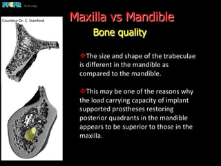Maxilla vs Mandible
Bone quality
v The	
  size	
  and	
  shape	
  of	
  the	
  trabeculae	
  
is	
  diﬀerent	
  in	
  the	
  mandible	
  as	
  
compared	
  to	
  the	
  mandible.	
  
	
  
v This	
  may	
  be	
  one	
  of	
  the	
  reasons	
  why	
  
the	
  load	
  carrying	
  capacity	
  of	
  implant	
  
supported	
  prostheses	
  restoring	
  
posterior	
  quadrants	
  in	
  the	
  mandible	
  
appears	
  to	
  be	
  superior	
  to	
  those	
  in	
  the	
  
maxilla.	
  
Courtesy	
  Dr.	
  C.	
  Stanford	
  
 