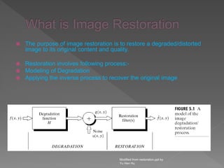  The purpose of image restoration is to restore a degraded/distorted
image to its original content and quality.
 Restoration involves following process:-
 Modeling of Degradation
 Applying the inverse process to recover the original image
Modified from restoration.ppt by
Yu Hen Hu
 