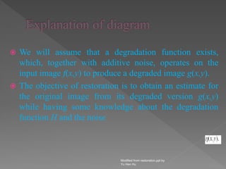 We will assume that a degradation function exists,
which, together with additive noise, operates on the
input image f(x,y) to produce a degraded image g(x,y).
 The objective of restoration is to obtain an estimate for
the original image from its degraded version g(x,y)
while having some knowledge about the degradation
function H and the noise
Modified from restoration.ppt by
Yu Hen Hu
 