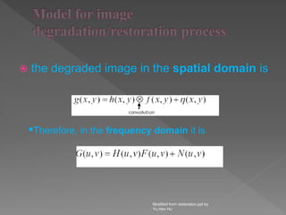  the degraded image in the spatial domain is
Modified from restoration.ppt by
Yu Hen Hu
Therefore, in the frequency domain it is
 