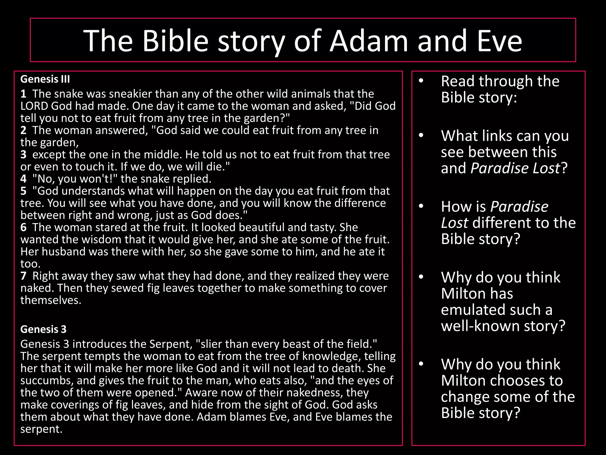 Lesson ObjectivesTo analyse Paradise Lost further.