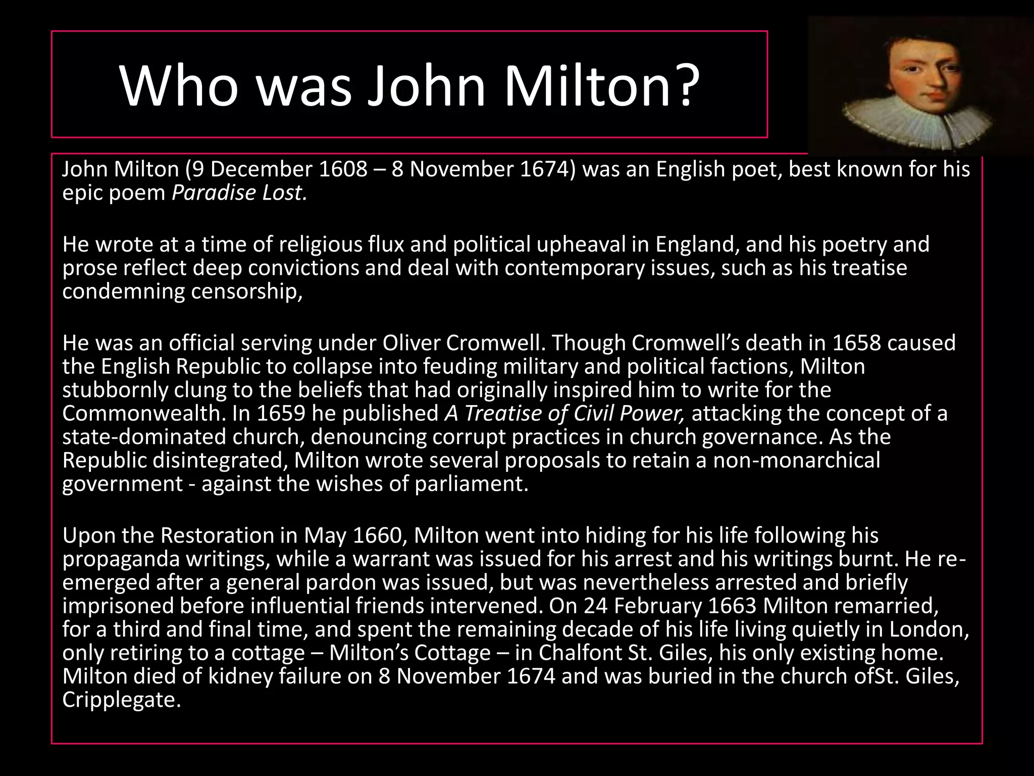 Restoration Period1660 - 1689Read through the handout you have been given.What do you think the significant points are?How does this period compare to the other periods that we have studied?Do you see any great changes that may impact on the literature of the time?