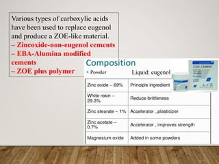 Various types of carboxylic acids
have been used to replace eugenol
and produce a ZOE-like material.
– Zincoxide-non-eugenol cements
– EBA-Alumina modified
cements
– ZOE plus polymer Liquid: eugenol
 