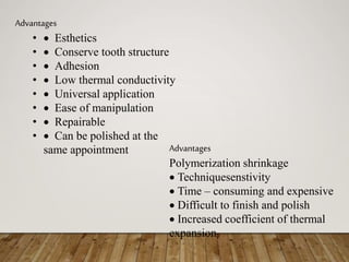 Advantages
•  Esthetics
•  Conserve tooth structure
•  Adhesion
•  Low thermal conductivity
•  Universal application
•  Ease of manipulation
•  Repairable
•  Can be polished at the
same appointment Advantages
Polymerization shrinkage
 Techniquesenstivity
 Time – consuming and expensive
 Difficult to finish and polish
 Increased coefficient of thermal
expansion
 