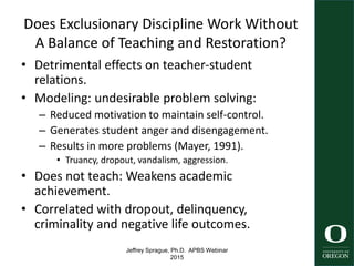 Jeffrey Sprague, Ph.D. APBS Webinar
2015
Does Exclusionary Discipline Work Without
A Balance of Teaching and Restoration?
• Detrimental effects on teacher-student
relations.
• Modeling: undesirable problem solving:
– Reduced motivation to maintain self-control.
– Generates student anger and disengagement.
– Results in more problems (Mayer, 1991).
• Truancy, dropout, vandalism, aggression.
• Does not teach: Weakens academic
achievement.
• Correlated with dropout, delinquency,
criminality and negative life outcomes.
13
 