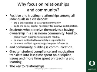 Why focus on relationships
and community?
• Positive and trusting relationships among all
individuals in a classroom:
– are a prerequisite to classroom community.
– build the social capital necessary for positive collaboration.
• Students who perceive themselves a having
ownership in a classroom community tend to:
– comply with classroom rules more readily.
– be more motivated to complete assigned tasks.
– be more resilient against negative peer influences.
• and community building is communication.
• Greater student compliance and motivation
translate into less time spent on discipline
issues and more time spent on teaching and
learning.
• The key to relationships.
Jeffrey Sprague, Ph.D. APBS Webinar 2015 31
 