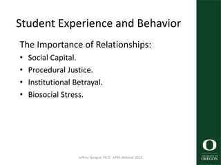 Student Experience and Behavior
The Importance of Relationships:
• Social Capital.
• Procedural Justice.
• Institutional Betrayal.
• Biosocial Stress.
Jeffrey Sprague, Ph.D. APBS Webinar 2015 41
 