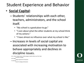 Student Experience and Behavior
• Social Capital:
– Students’ relationships with each other,
teachers, administrators, and the school
itself.
• “My school is a good place to go.”
• “I care about what the other students at my school think
of my actions.”
• “I have almost no influence over what my school is like.”
– Increases in levels of social capital are
associated with increasing motivation to
behave appropriately and declines in
discipline issues.
Erik J. Girvan, Claudia Vincent, Jeffrey Sprague, Heather McClure and Tary Tobin
University of Oregon
John Inglish
Oregon Department of Education
Tim McCabe
Center for Dialogue & Resolution
42
 